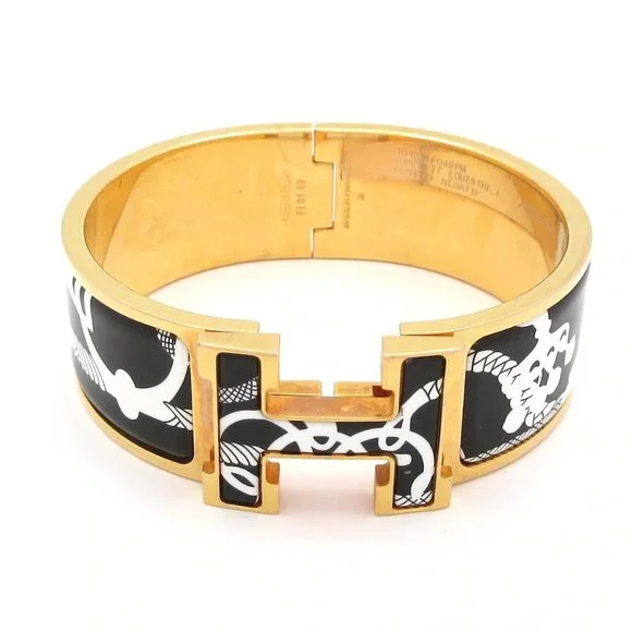 HERMES Clic Clac H Gold Black White Hardware Patent Leather Bangle - Picture 1 of 10